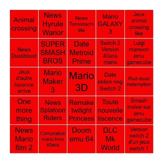 Nintendo direct Bingo Card
