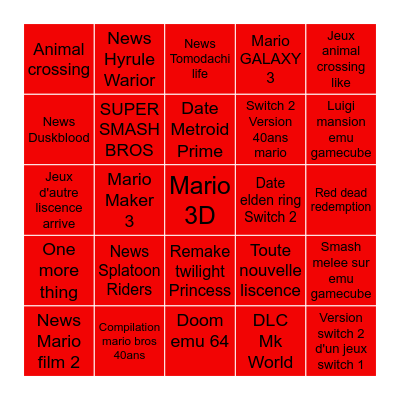Nintendo direct Bingo Card