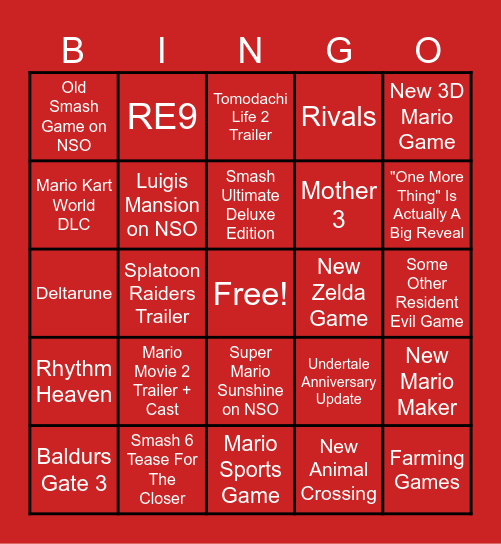 NINTENDO DIRECT BINGO Card
