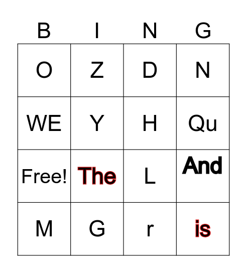 Sight word Bingo Card