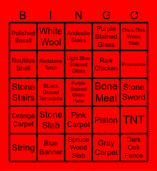 Minecraft Hardcore Blackout Bingo Card