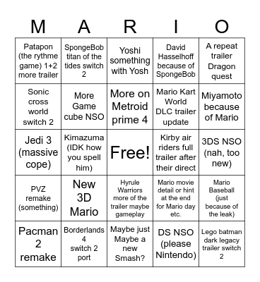 Nintendo Direct 12/9/25 Bingo Card