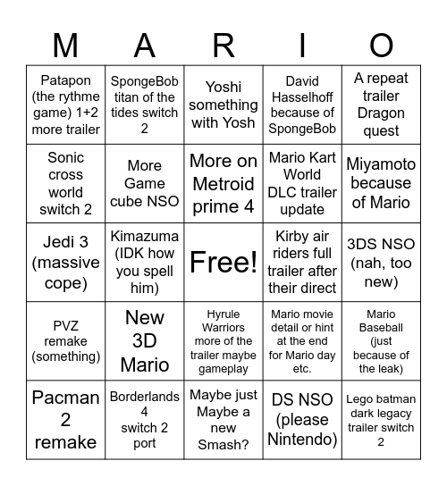 Nintendo Direct 12/9/25 Bingo Card