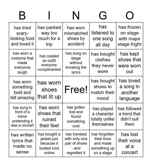 Theatre, music, travel, clothes, and shoes bingo Card