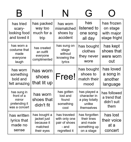 Theatre, music, travel, clothes, and shoes bingo Card