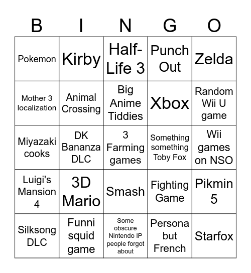 Nintendo Direct (9/12) Bingo Card