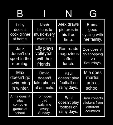 Simple Present positive and negativ sentences Bingo Card