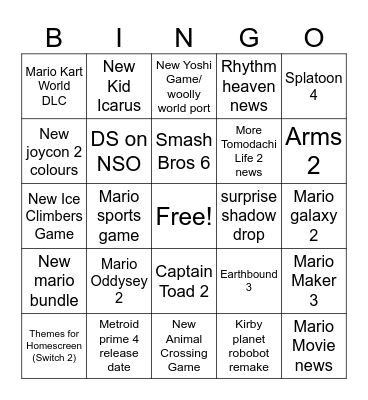 Nintendo Direct 4.2.2025 Bingo Card