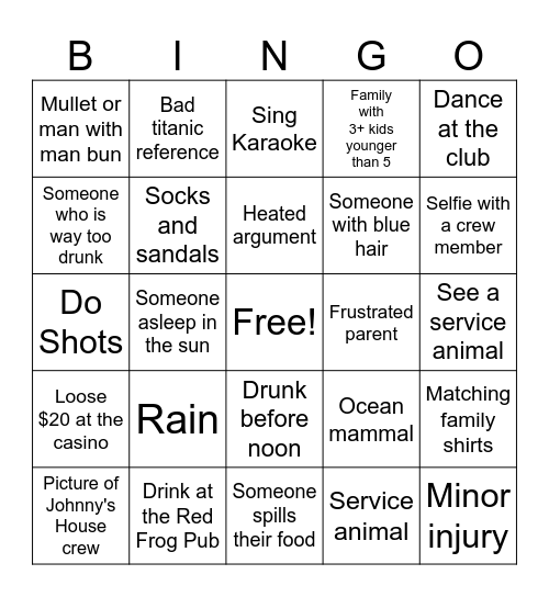 Cruise Bingo Card