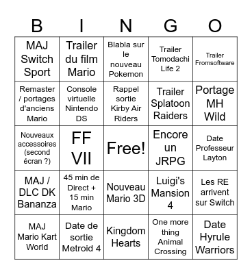 Nintendo Direct 12/09 Bingo Card