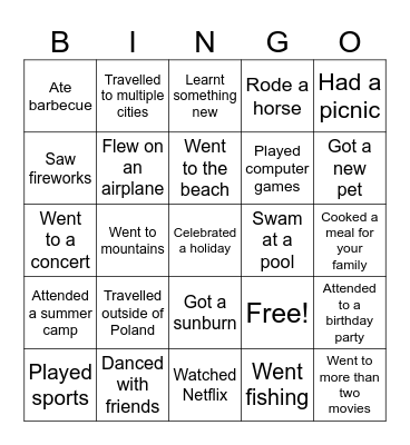 My Summer Vacation Bingo Card