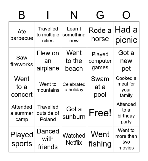 My Summer Vacation Bingo Card