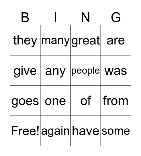 Sight Words Bingo Card