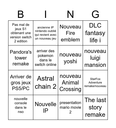 Switch 2 - Nintendo Direct Bingo Card