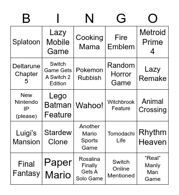 NINTENDO DIRECT Bingo Card
