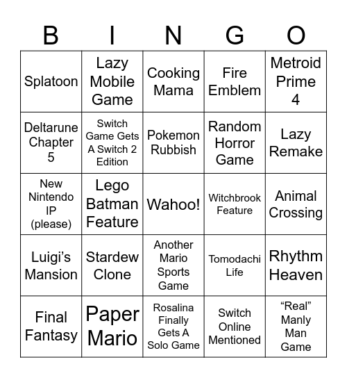 NINTENDO DIRECT Bingo Card
