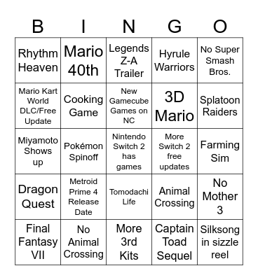 Nintendo Direct 12.9.25 Bingo Card