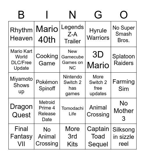 Nintendo Direct 12.9.25 Bingo Card