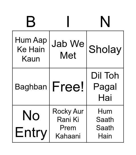 Bollywood Bingo Card