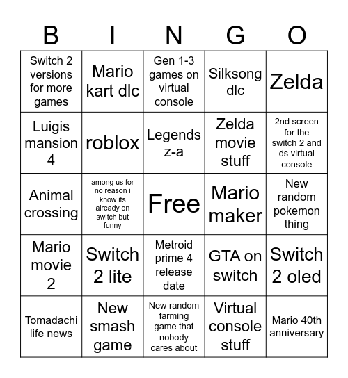 Nintendo direct Bingo Card