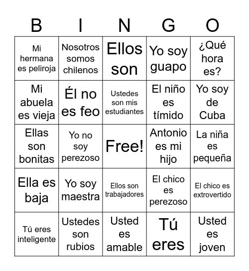 Adjetivos with SER Bingo Card