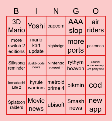 Nintendo direct Bingo Card