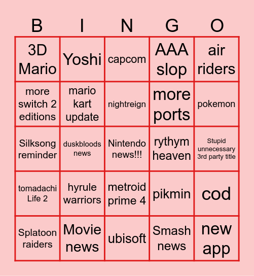 Nintendo direct Bingo Card