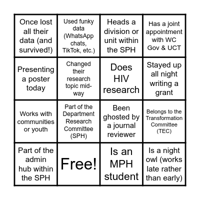 SPH Research Day 2025 BINGO Card
