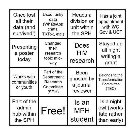 SPH Research Day 2025 BINGO Card