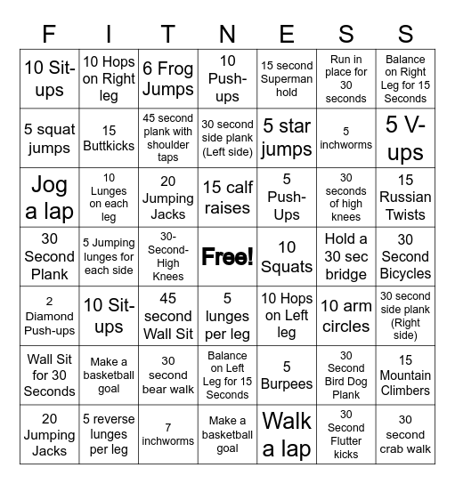 Fitness Bingo Card