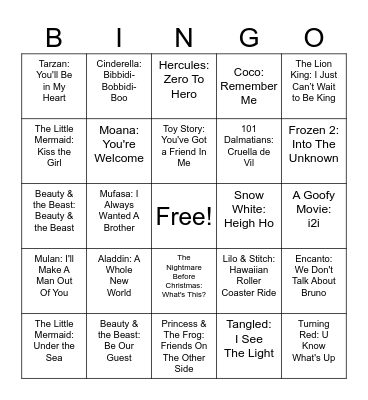 Disney Songs Bingo Card