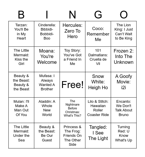 Disney Songs Bingo Card