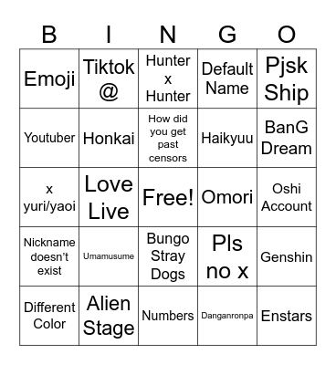 Co-op Nicknames Bingo Card