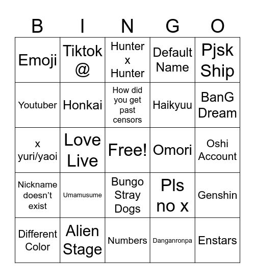 Co-op Nicknames Bingo Card