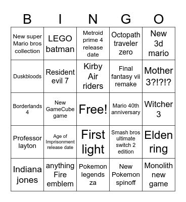 Nintendo Direct Bingo Card