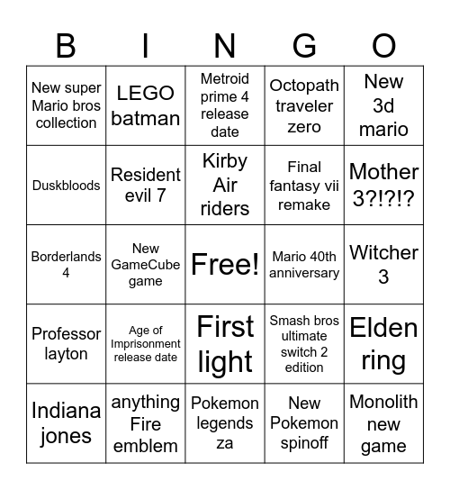 Nintendo Direct Bingo Card