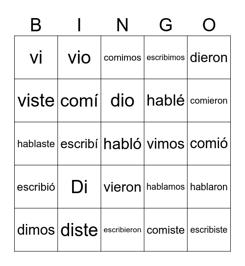 Spanish Verbs (Preterite- Simple Past) Bingo Card