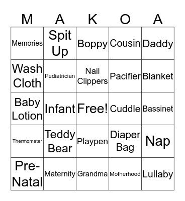 Baby Makoa Shower Bingo Card
