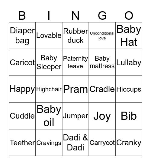 Nisha's Baby Shower Bingo Card