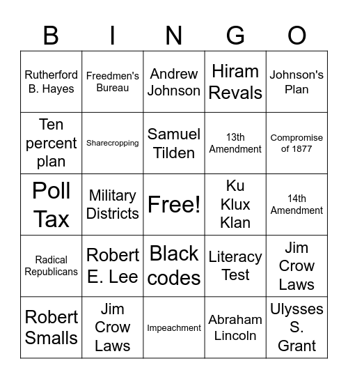 Reconstruction Bingo Card