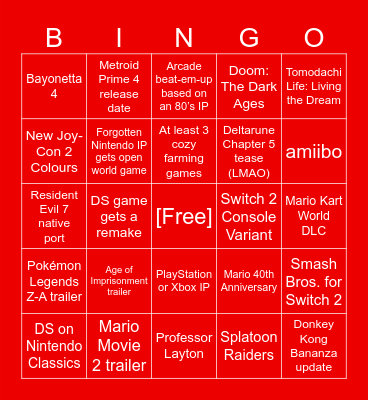 Nintendo Direct 11/9/25 Bingo Card