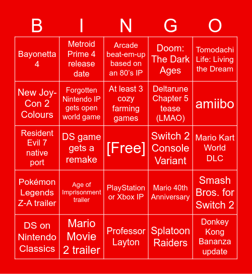 Nintendo Direct 11/9/25 Bingo Card