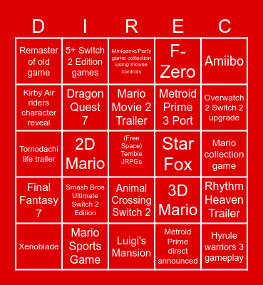 Nintendo Bingo Card