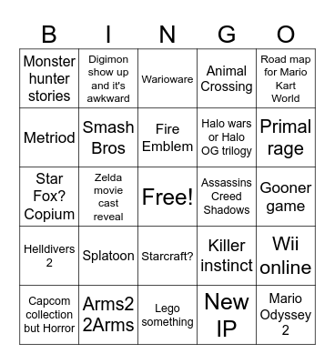 Nintendo direct sept. 2025 Bingo Card