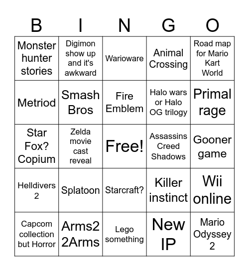 Nintendo direct sept. 2025 Bingo Card
