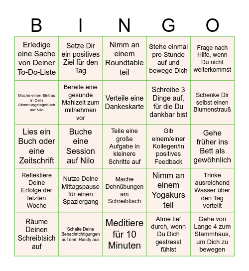 Mental Health Week Bingo Card