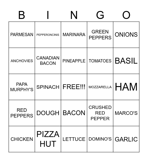 Pizza Pizza Bingo Card