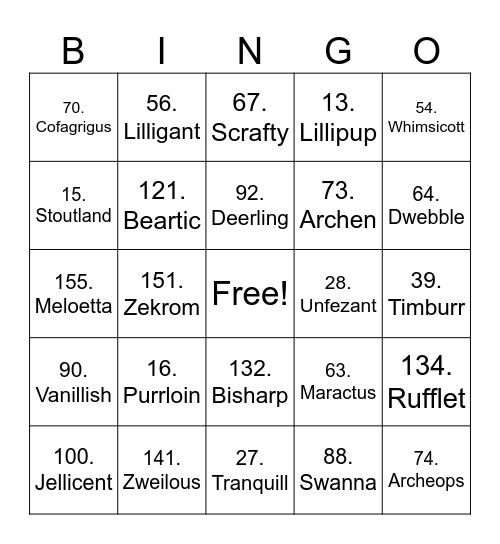 Pokemon Gen 5 Bingo Card