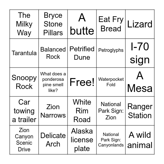 Arizona & Utah Bingo Card