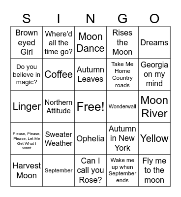 Fall Singo Bingo Card